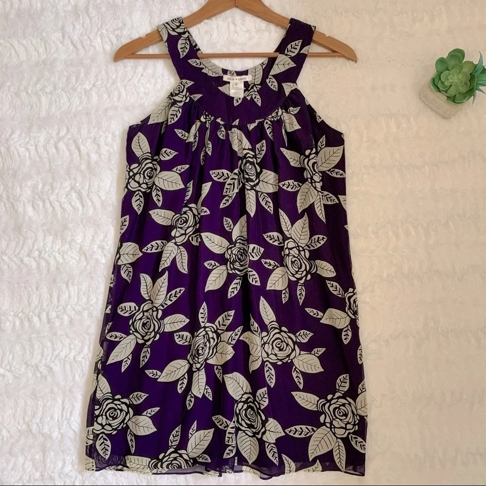 ALICE + Olivia purple floral silk swing mini tunic sleeveless dress - Picture 3 of 6